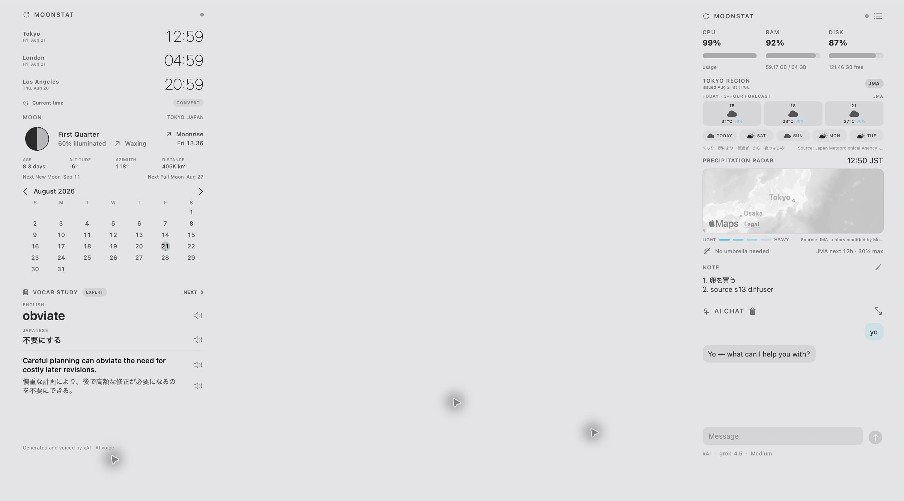 MoonStat running across a Mac desktop with time, moon, calendar, vocabulary, system, weather, notes, and AI modules